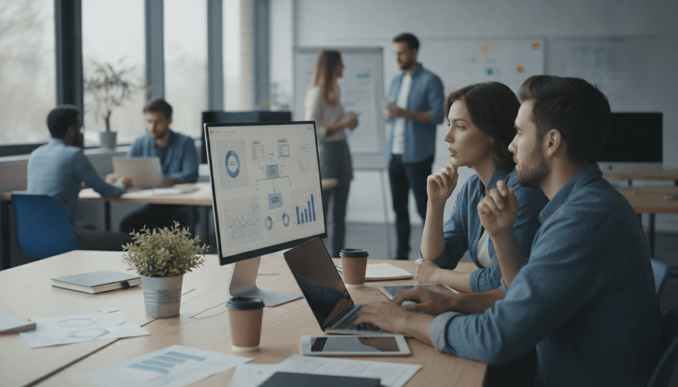 Marketing team analyzing SEO data in a modern office — ai overview and seo