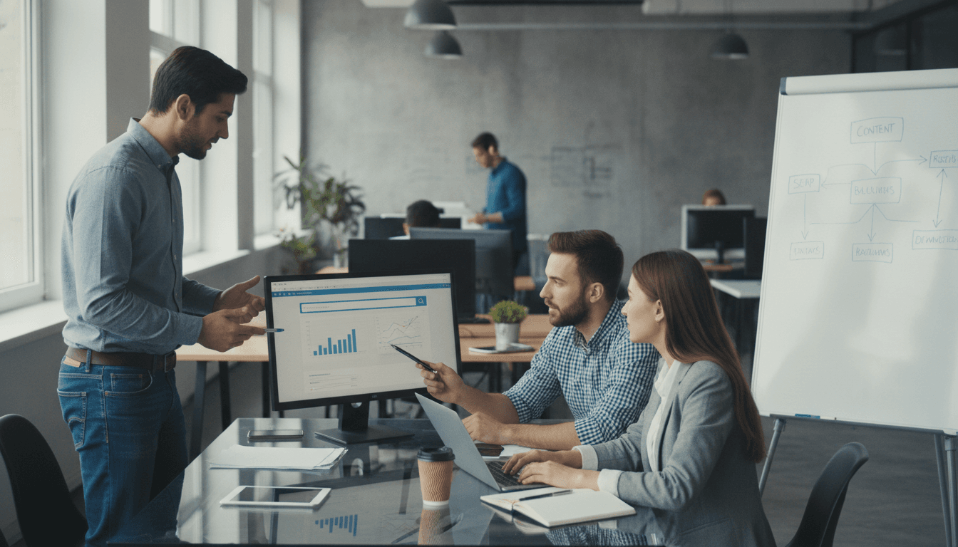 Marketing team analyzing SEO data in a modern office — SEO trends